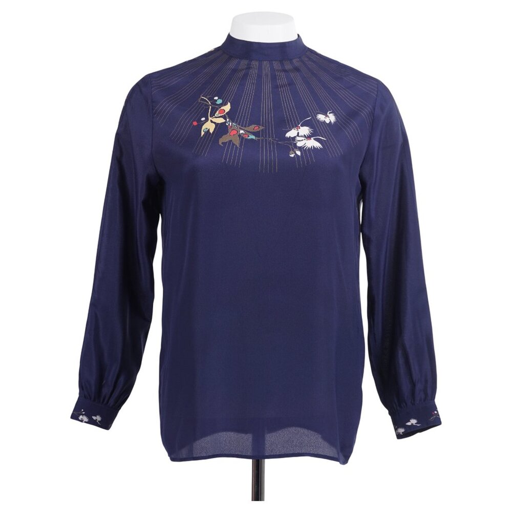 SERGE NANCEL PARIS Vintage Women Top 38 Navy Blue Long Sleeve Button Back 80s